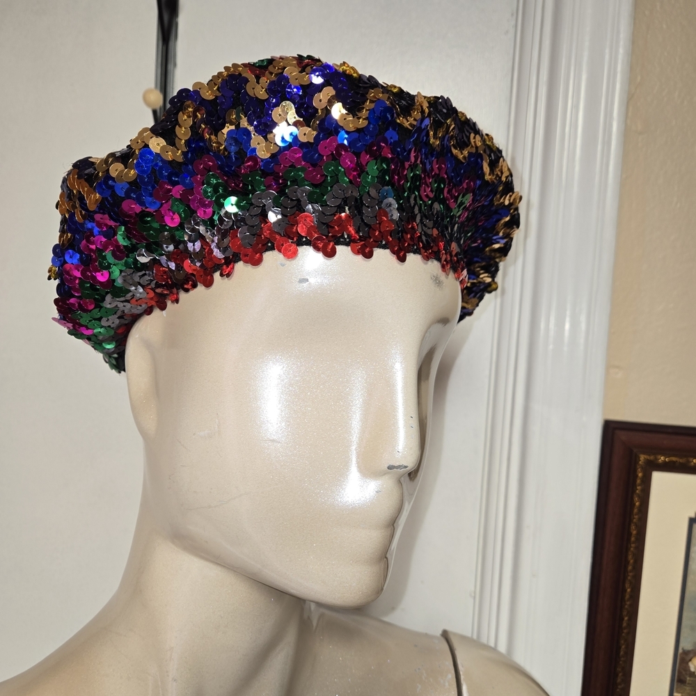 Vintage Multicolor Sequin Beret Hat Sparkly Disco Festival Statement Cap - Picture 6 of 10